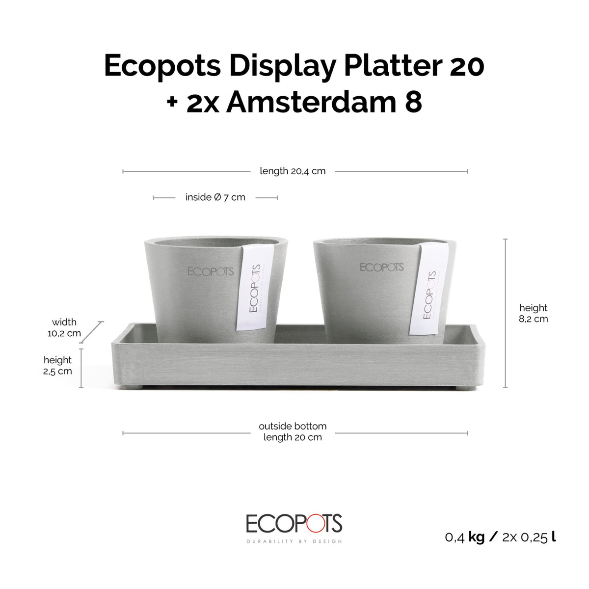 Kukkaruukku Amsterdam 8cm 2kpl & esillepanotarjotin 20cm valkoharmaa – mittapiirros