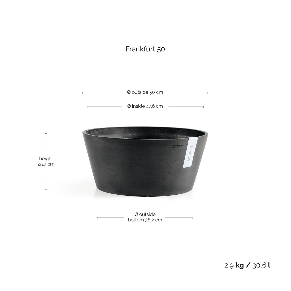 Kukkaruukku Frankfurt 50cm tummanharmaa – mittapiirros