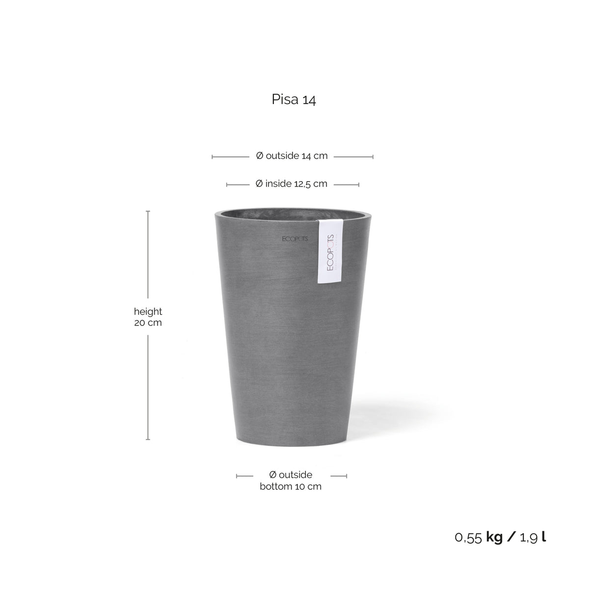 Kukkaruukku Pisa 14cm harmaa – mittapiirros