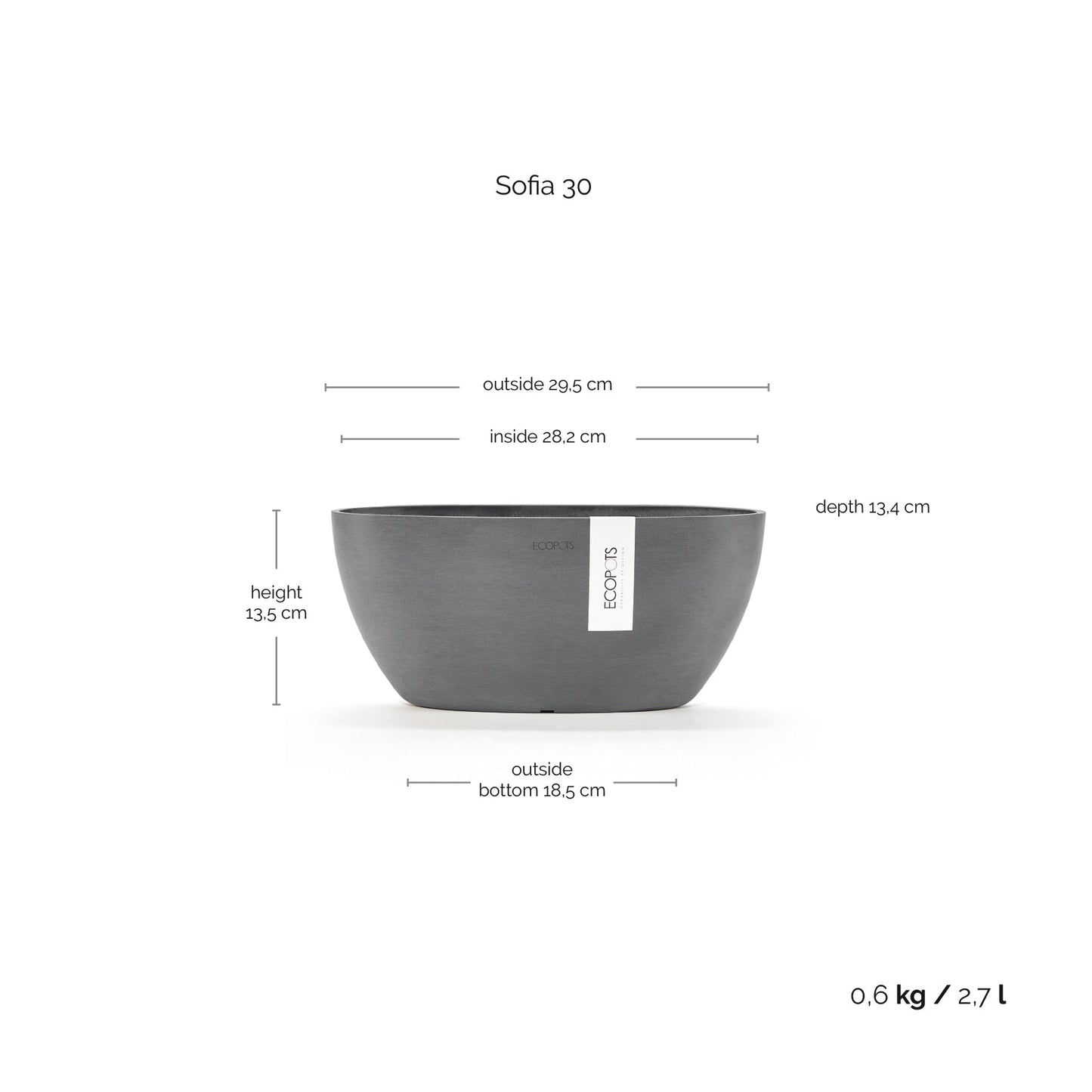 Kukkaruukku - Ecopots - Kukkaruukku Sofia 30cm harmaa - Ecopots - Uuden aikakauden kukkaruukku kierrätysmateriaalista