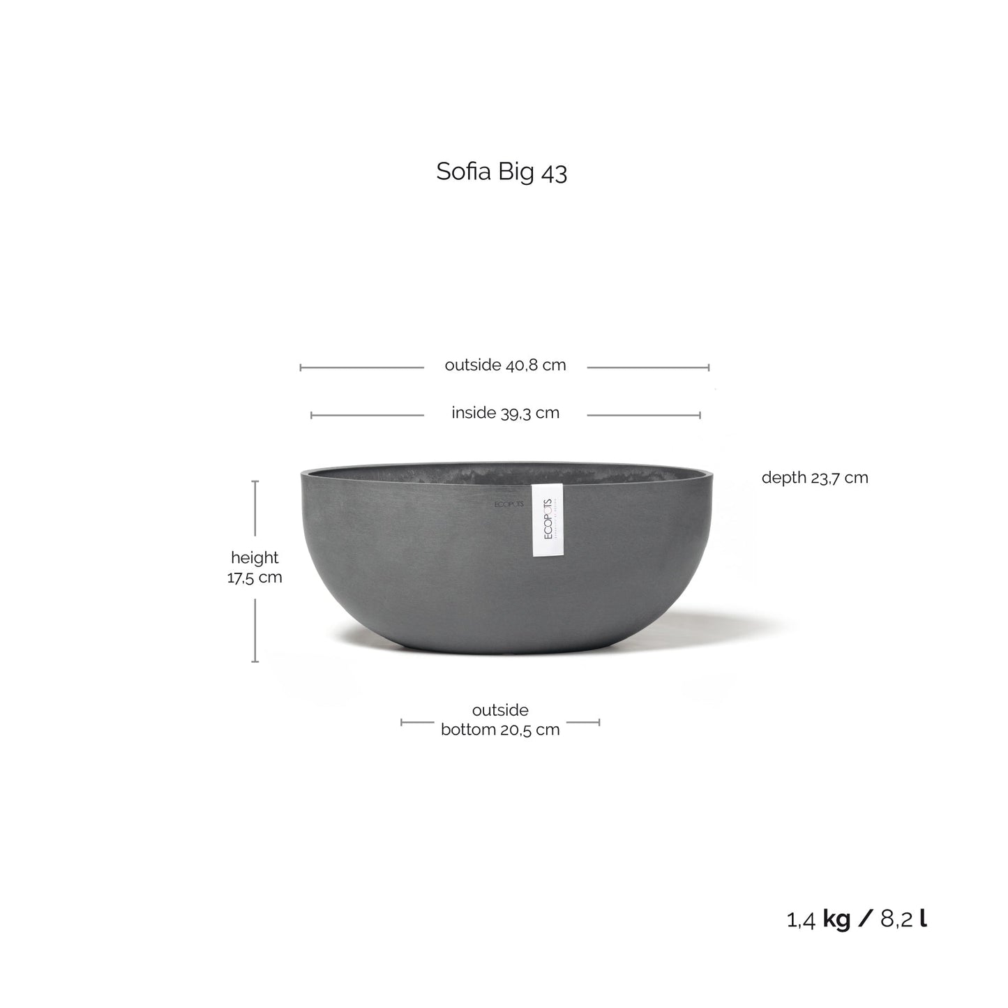 Kukkaruukku - Ecopots - Kukkaruukku Sofia 43cm harmaa - Ecopots - Uuden aikakauden kukkaruukku kierrätysmateriaalista