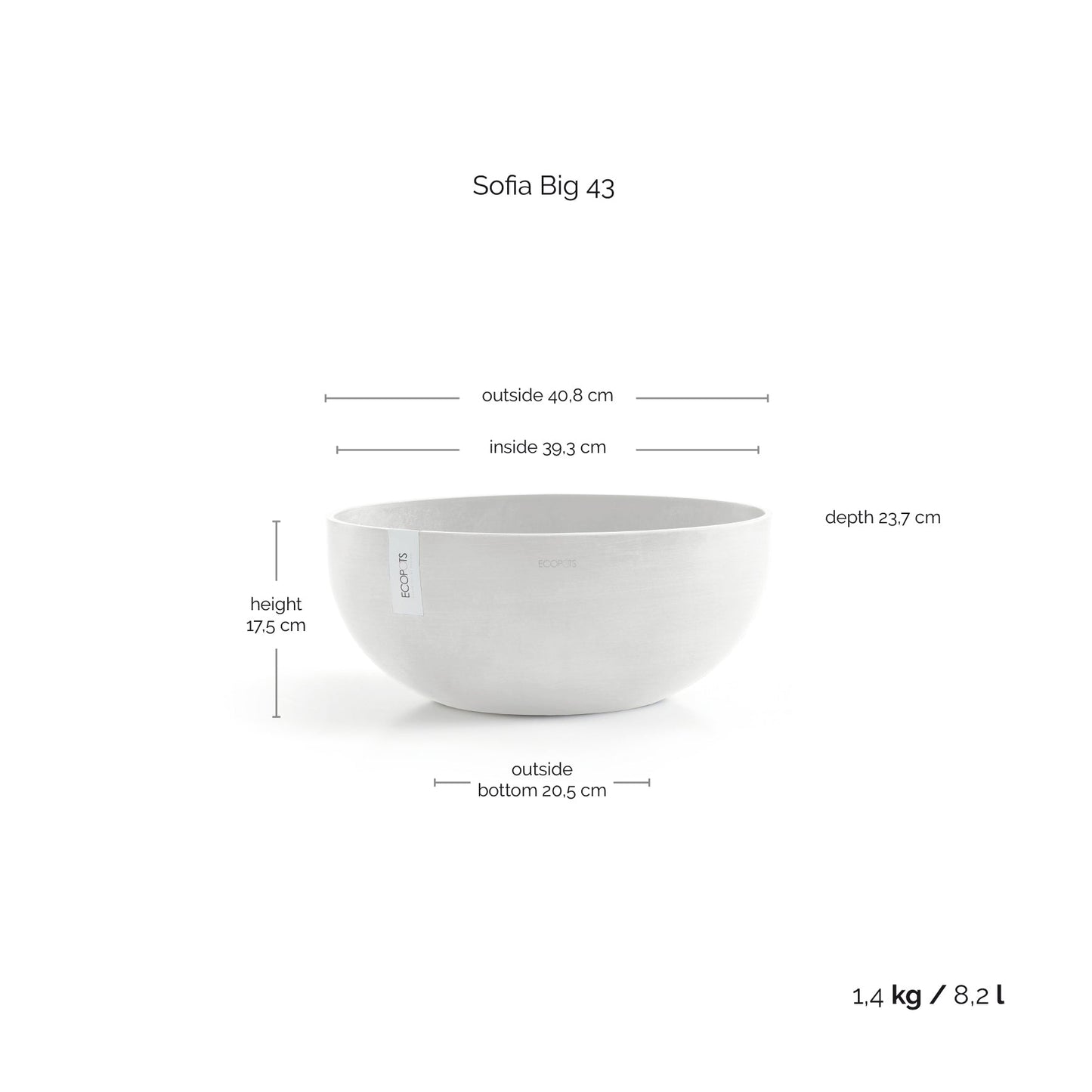 Kukkaruukku - Ecopots - Kukkaruukku Sofia 43cm valkoinen - Ecopots - Uuden aikakauden kukkaruukku kierrätysmateriaalista