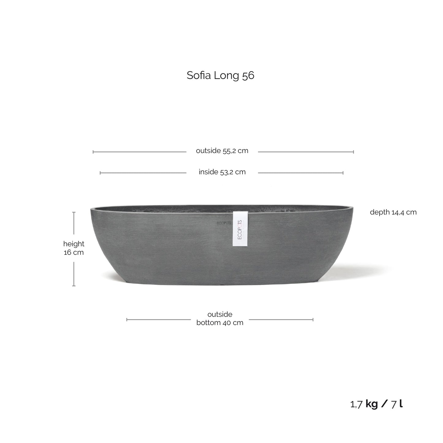 Kukkaruukku - Ecopots - Kukkaruukku Sofia pitkä 56cm harmaa - Ecopots - Uuden aikakauden kukkaruukku kierrätysmateriaalista