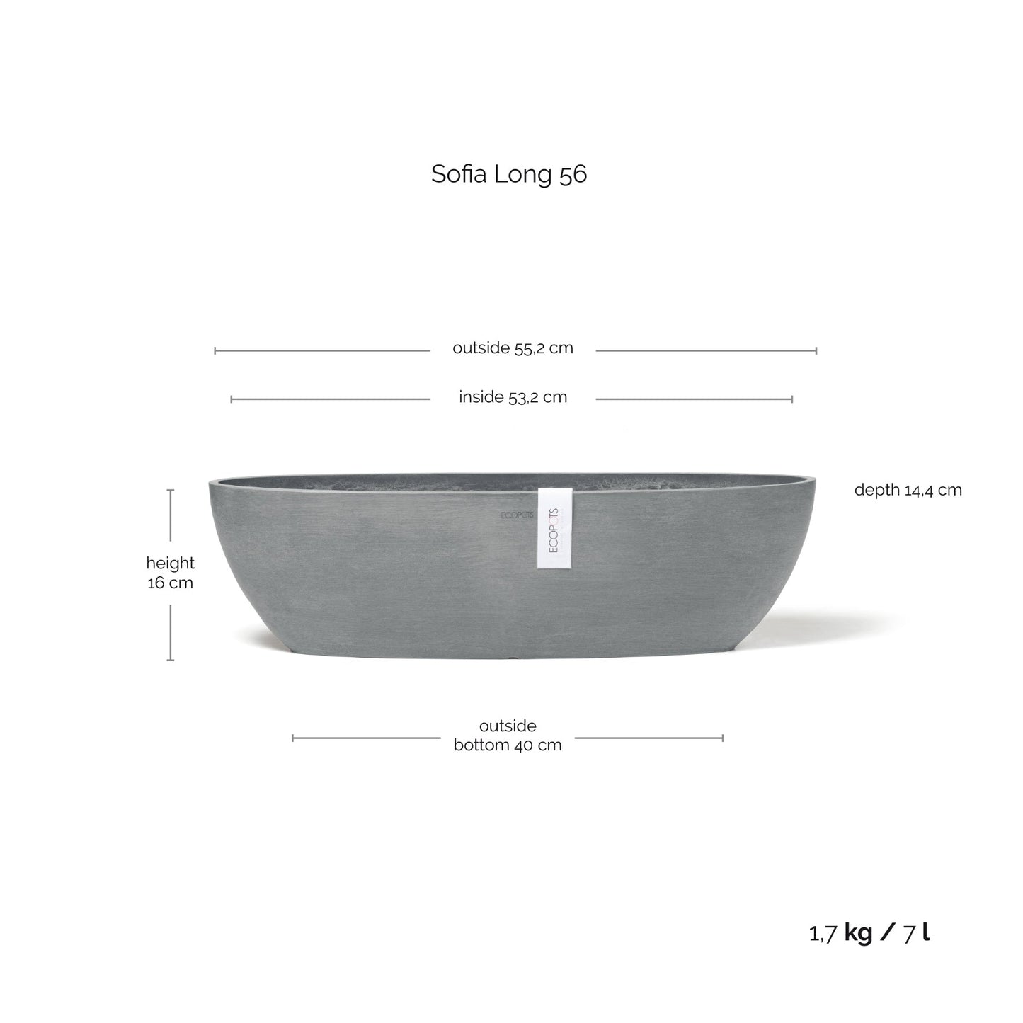 Kukkaruukku - Ecopots - Kukkaruukku Sofia pitkä 56cm siniharmaa - Ecopots - Uuden aikakauden kukkaruukku kierrätysmateriaalista