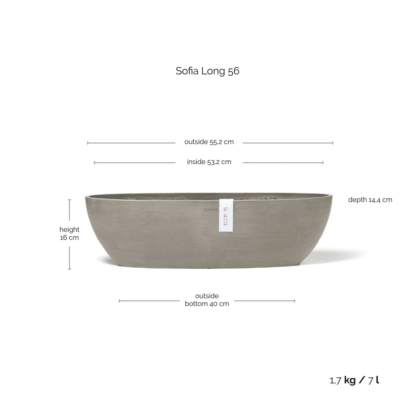 Kukkaruukku - Ecopots - Kukkaruukku Sofia pitkä 56cm taupe - Ecopots - Uuden aikakauden kukkaruukku kierrätysmateriaalista