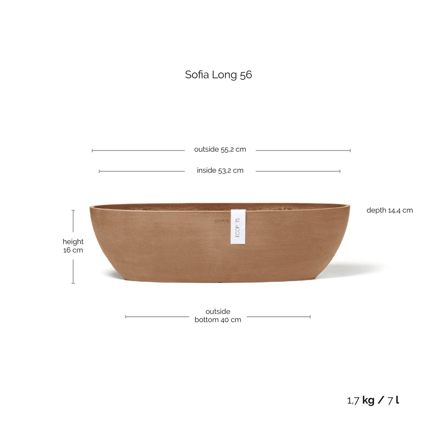 Kukkaruukku - Ecopots - Kukkaruukku Sofia pitkä 56cm terracotta - Ecopots - Uuden aikakauden kukkaruukku kierrätysmateriaalista