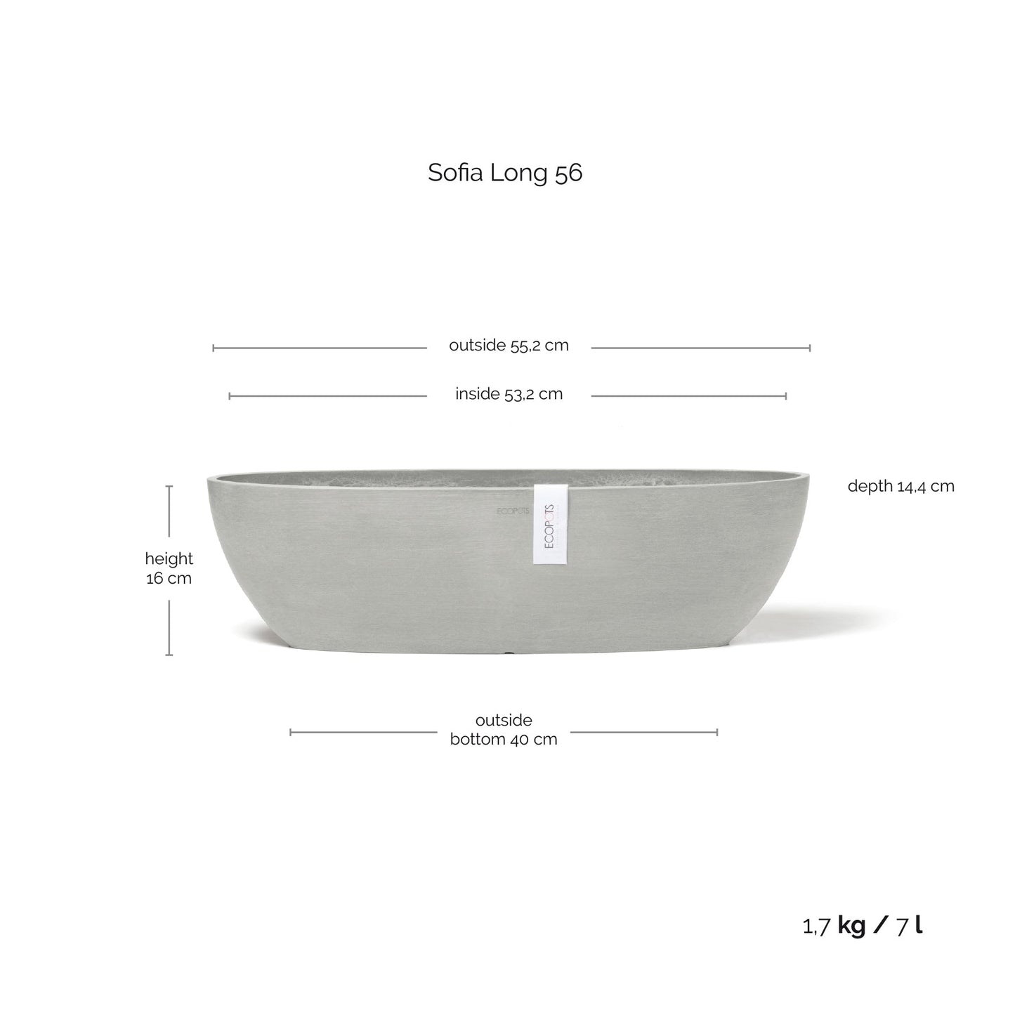 Kukkaruukku - Ecopots - Kukkaruukku Sofia pitkä 56cm valkoharmaa - Ecopots - Uuden aikakauden kukkaruukku kierrätysmateriaalista