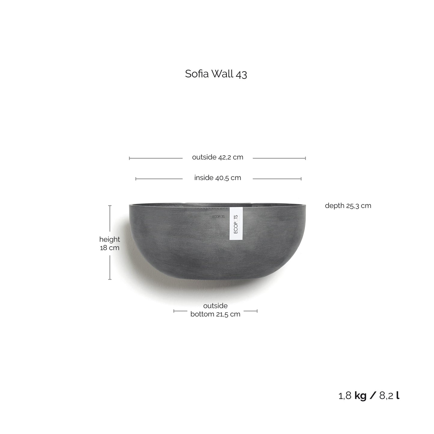 Kukkaruukku - Ecopots - Kukkaruukku Sofia seinälle 43cm harmaa - Ecopots - Uuden aikakauden kukkaruukku kierrätysmateriaalista