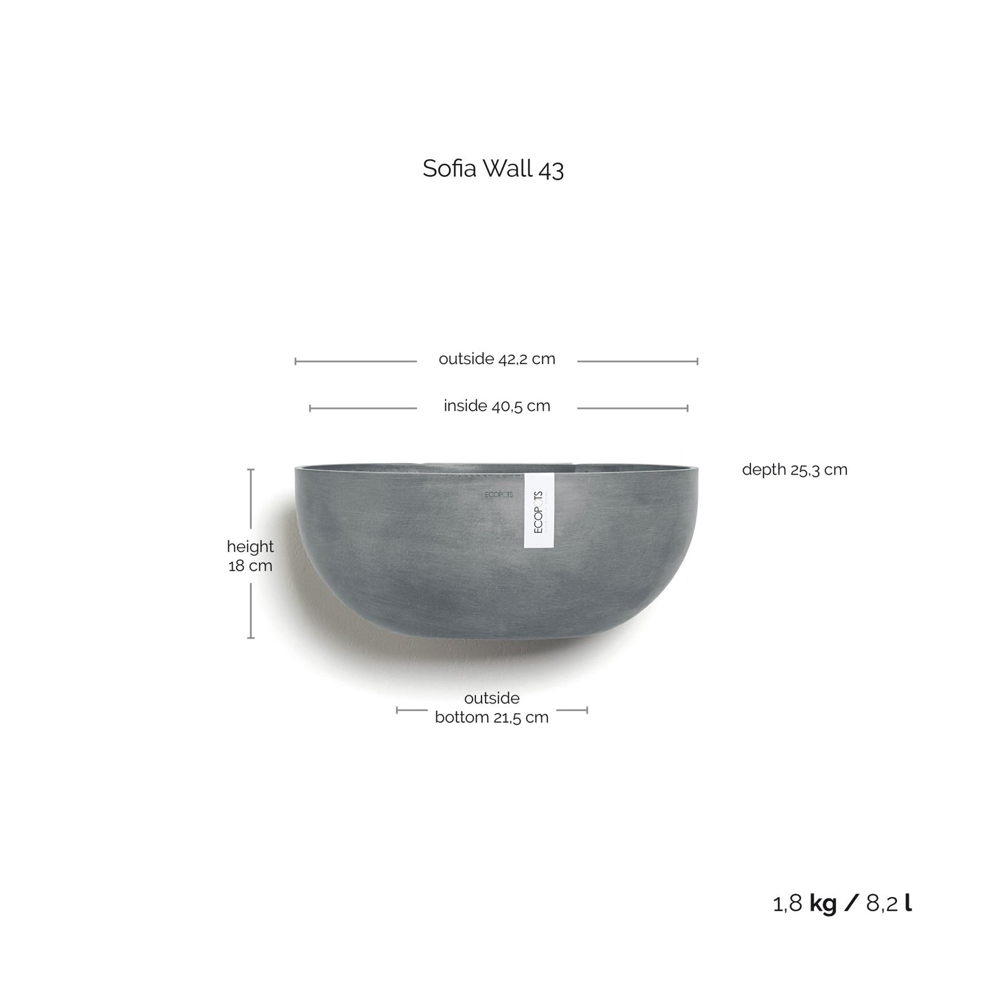 Kukkaruukku - Ecopots - Kukkaruukku Sofia seinälle 43cm siniharmaa - Ecopots - Uuden aikakauden kukkaruukku kierrätysmateriaalista