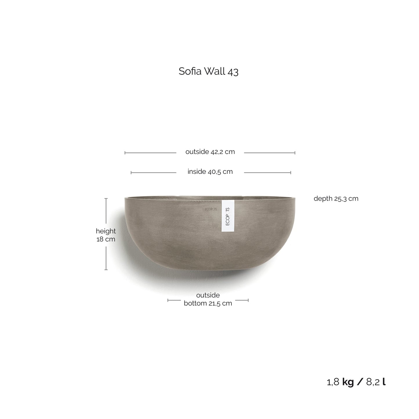 Kukkaruukku - Ecopots - Kukkaruukku Sofia seinälle 43cm taupe - Ecopots - Uuden aikakauden kukkaruukku kierrätysmateriaalista