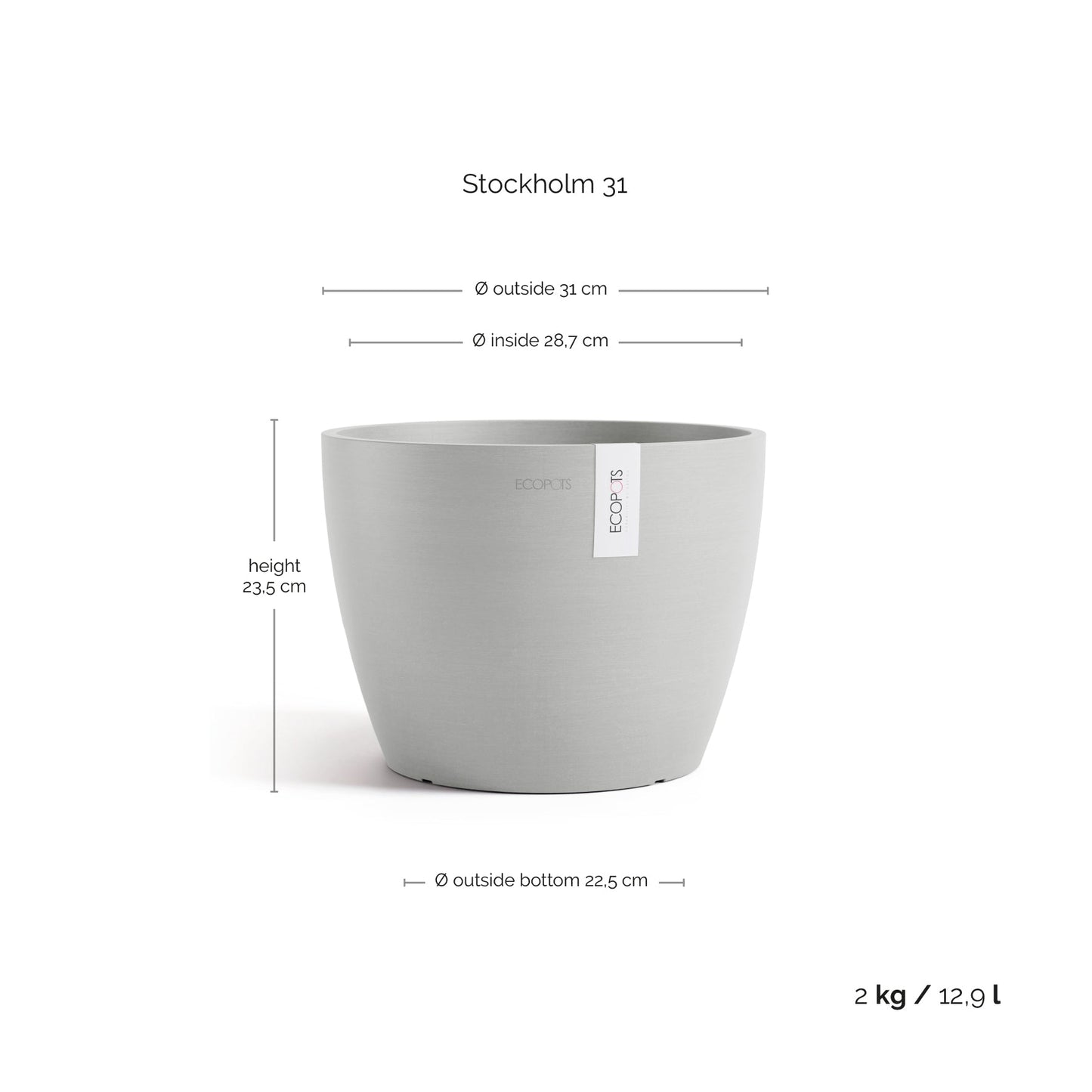 Kukkaruukku - Ecopots - Kukkaruukku Tukholma 31cm valkoharmaa - Ecopots - Uuden aikakauden kukkaruukku kierrätysmateriaalista