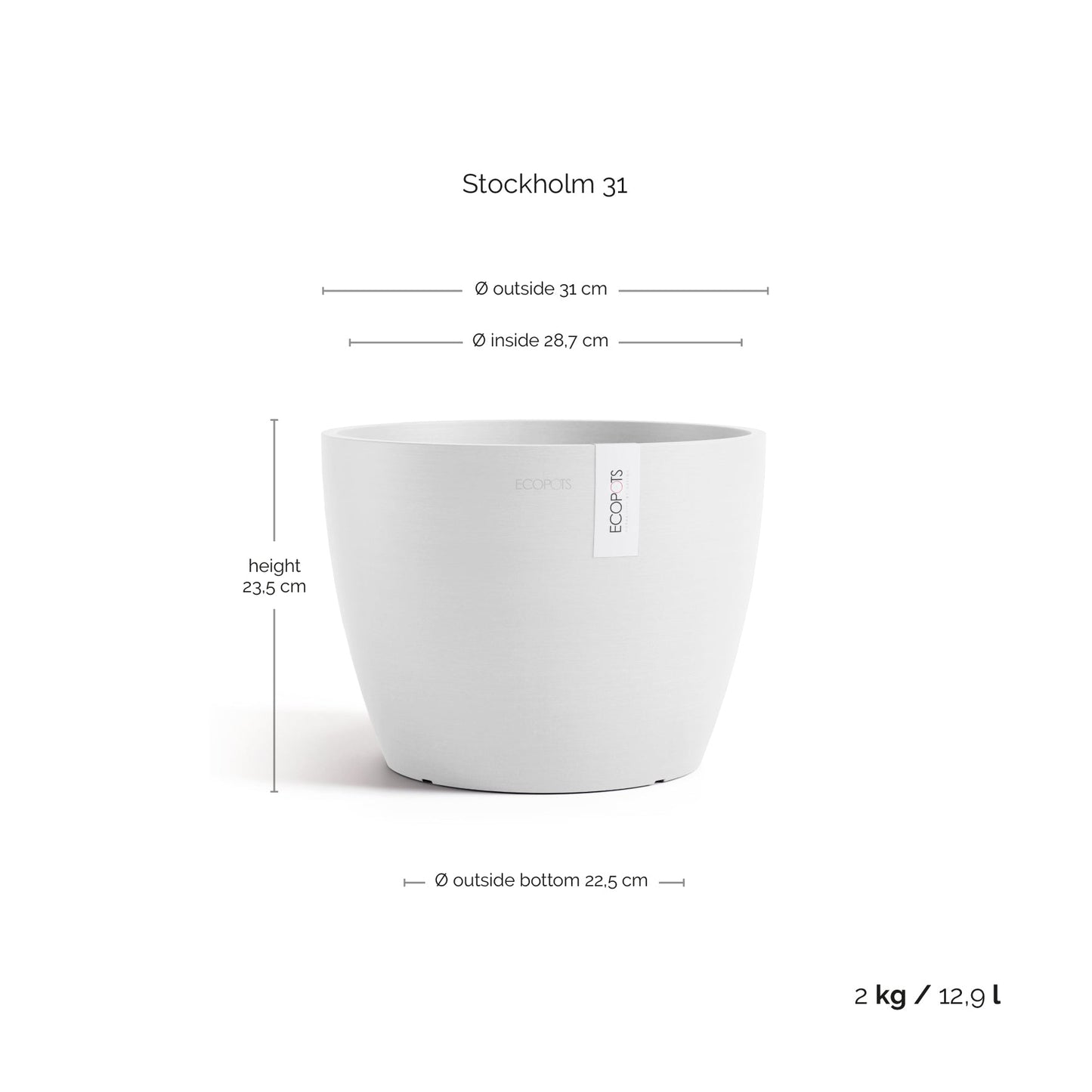 Kukkaruukku - Ecopots - Kukkaruukku Tukholma 31cm valkoinen - Ecopots - Uuden aikakauden kukkaruukku kierrätysmateriaalista