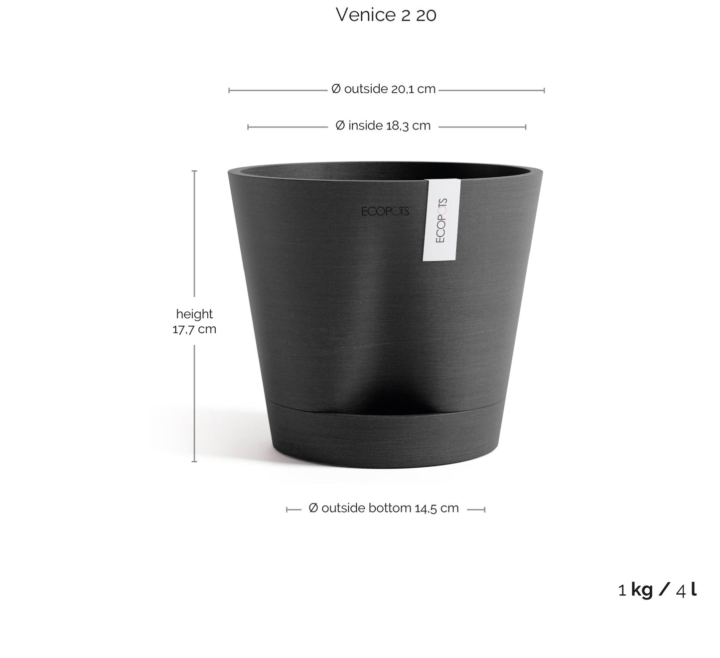 Kukkaruukku - Ecopots - Kukkaruukku Venetsia 2.0 20cm tummanharmaa - Ecopots - Uuden aikakauden kukkaruukku kierrätysmateriaalista