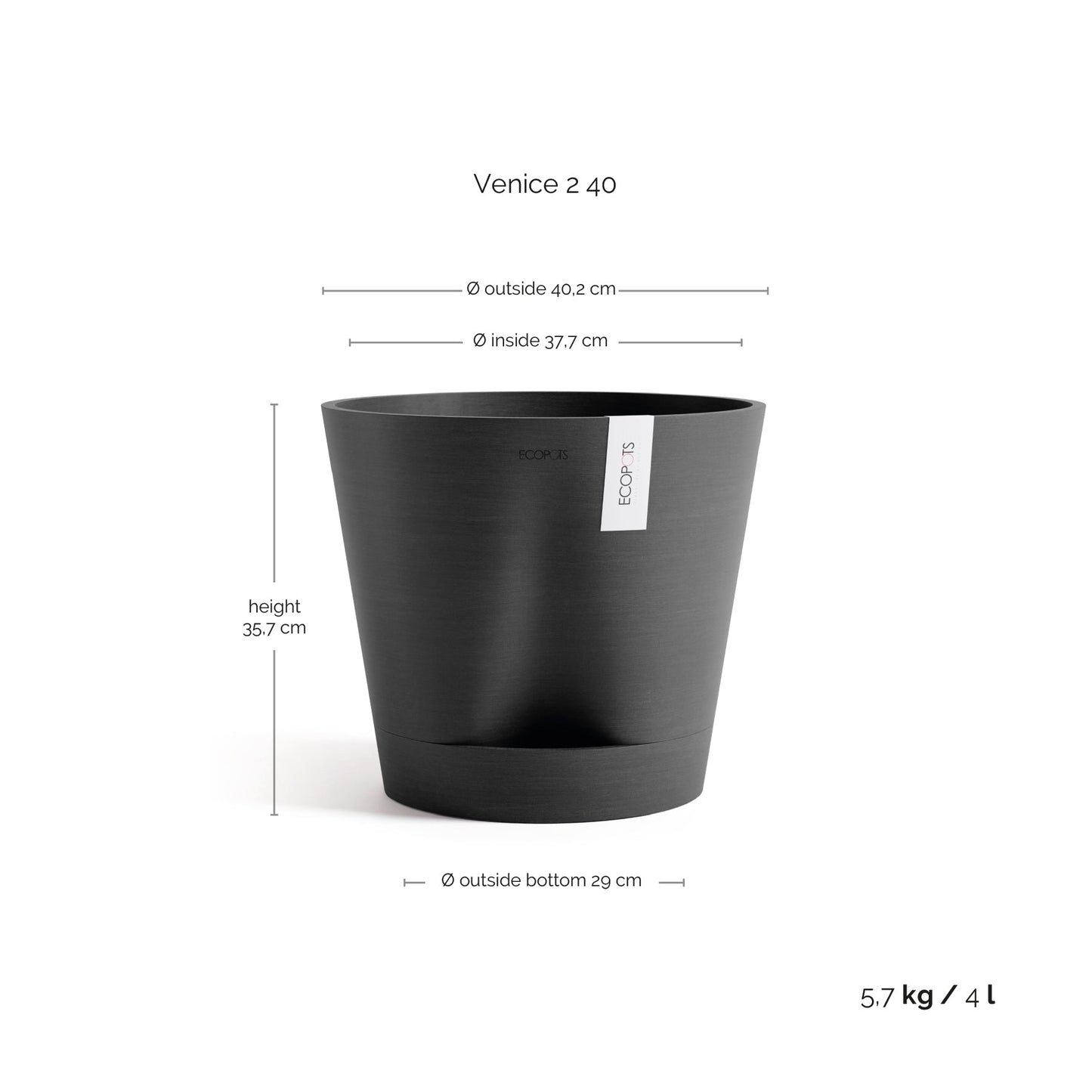 Kukkaruukku - Ecopots - Kukkaruukku Venetsia 2.0 40cm tummanharmaa - Ecopots - Uuden aikakauden kukkaruukku kierrätysmateriaalista