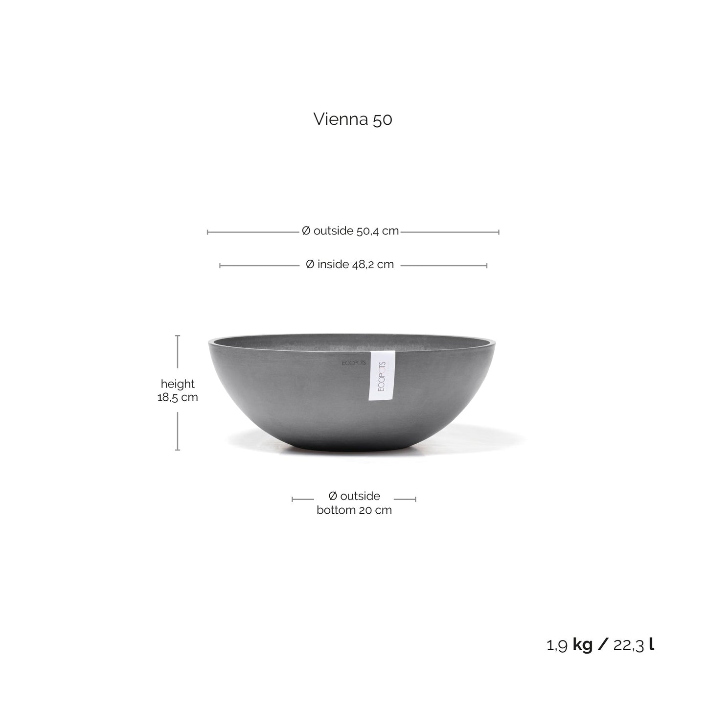 Kukkaruukku - Ecopots - Kukkaruukku Vienna 50cm harmaa - Ecopots - Uuden aikakauden kukkaruukku kierrätysmateriaalista