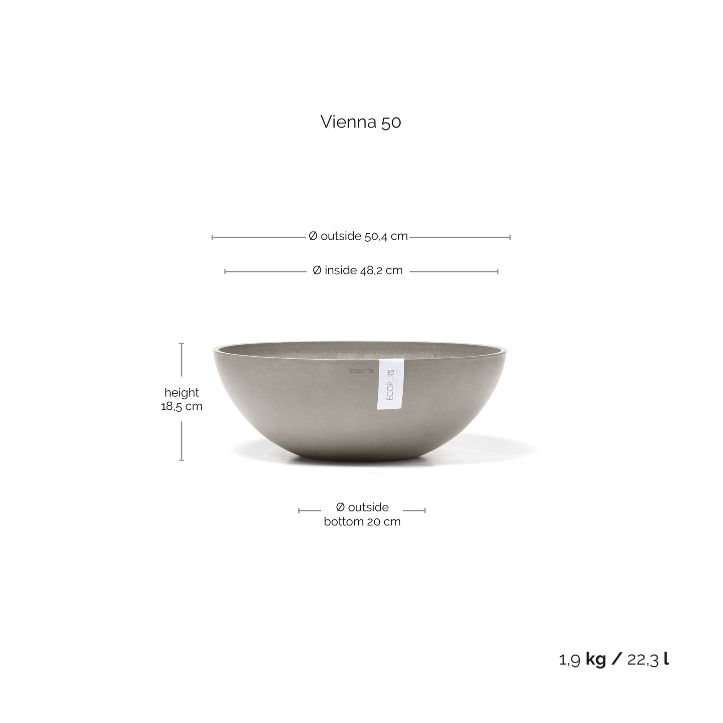 Kukkaruukku - Ecopots - Kukkaruukku Vienna 50cm taupe - Ecopots - Uuden aikakauden kukkaruukku kierrätysmateriaalista