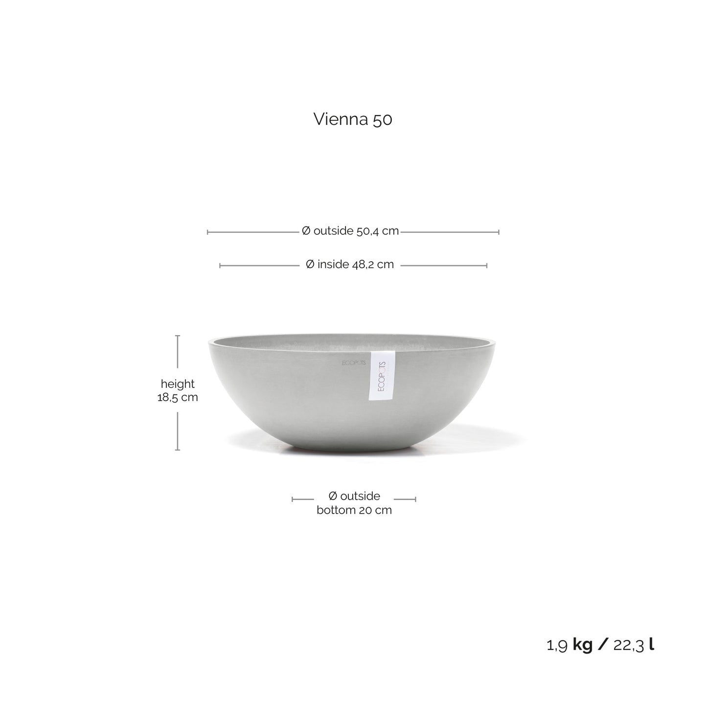Kukkaruukku - Ecopots - Kukkaruukku Vienna 50cm valkoharmaa - Ecopots - Uuden aikakauden kukkaruukku kierrätysmateriaalista