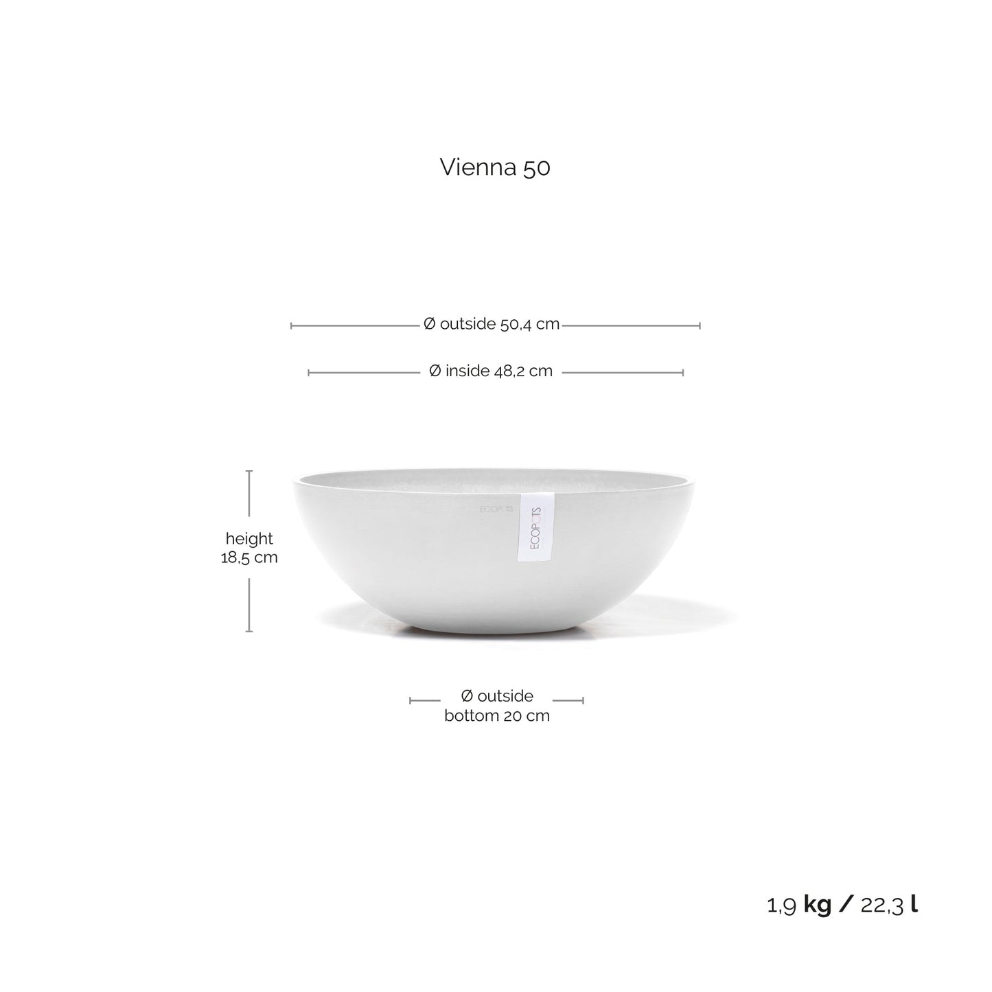 Kukkaruukku - Ecopots - Kukkaruukku Vienna 50cm valkoinen - Ecopots - Uuden aikakauden kukkaruukku kierrätysmateriaalista