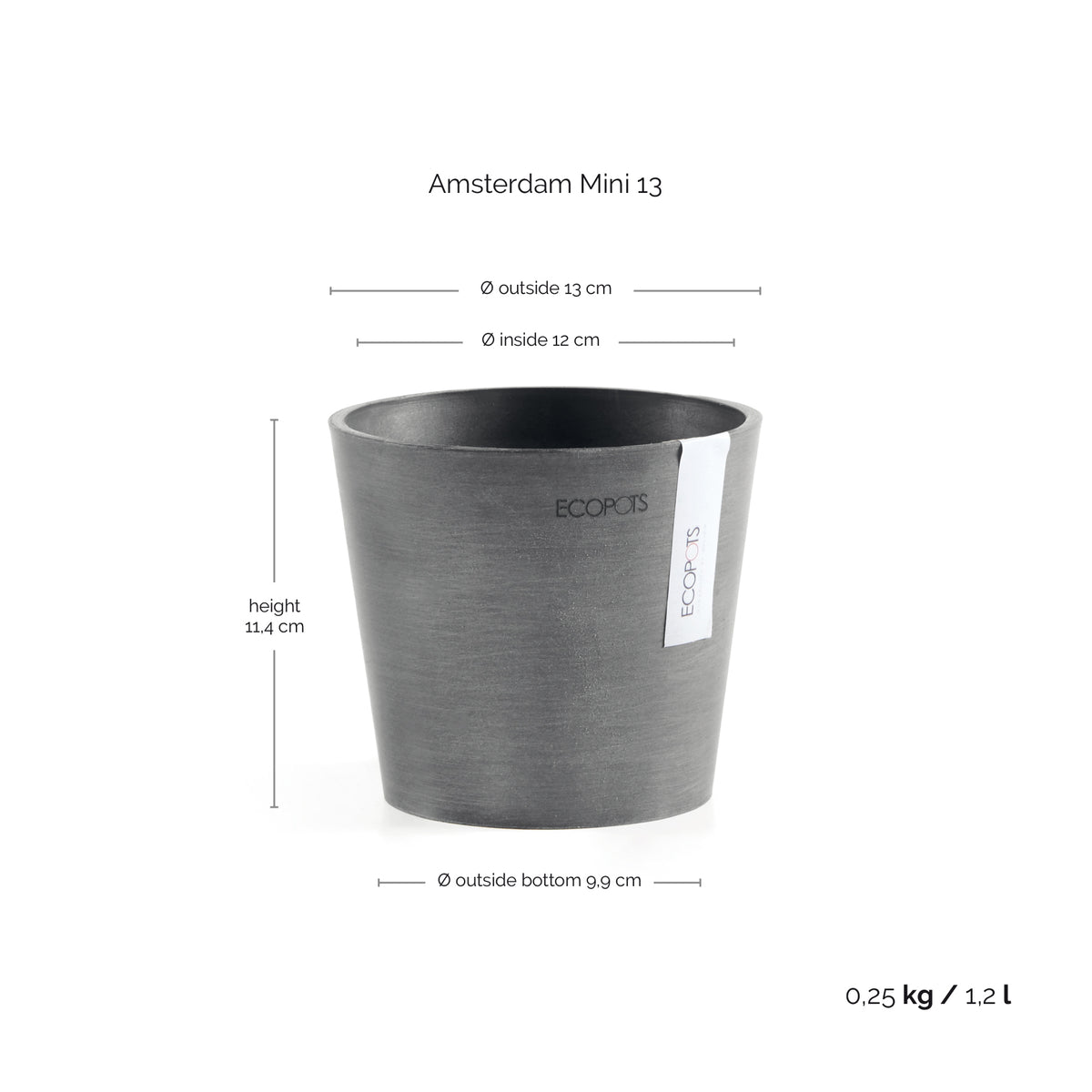 Kukkaruukku Amsterdam 13cm harmaa – mittapiirros