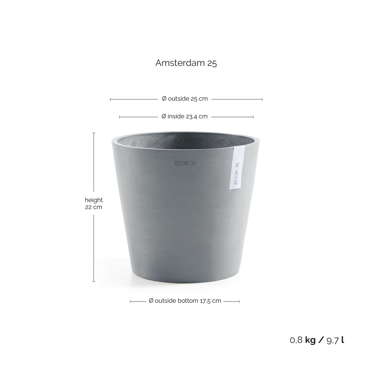 Kukkaruukku Amsterdam 25cm siniharmaa – mittapiirros