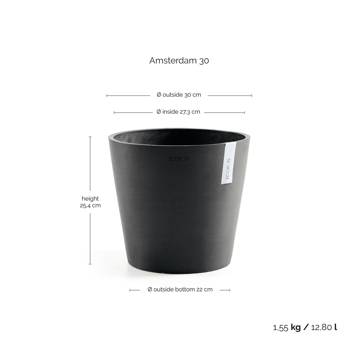 Kukkaruukku Amsterdam 30cm tummanharmaa – mittapiirros