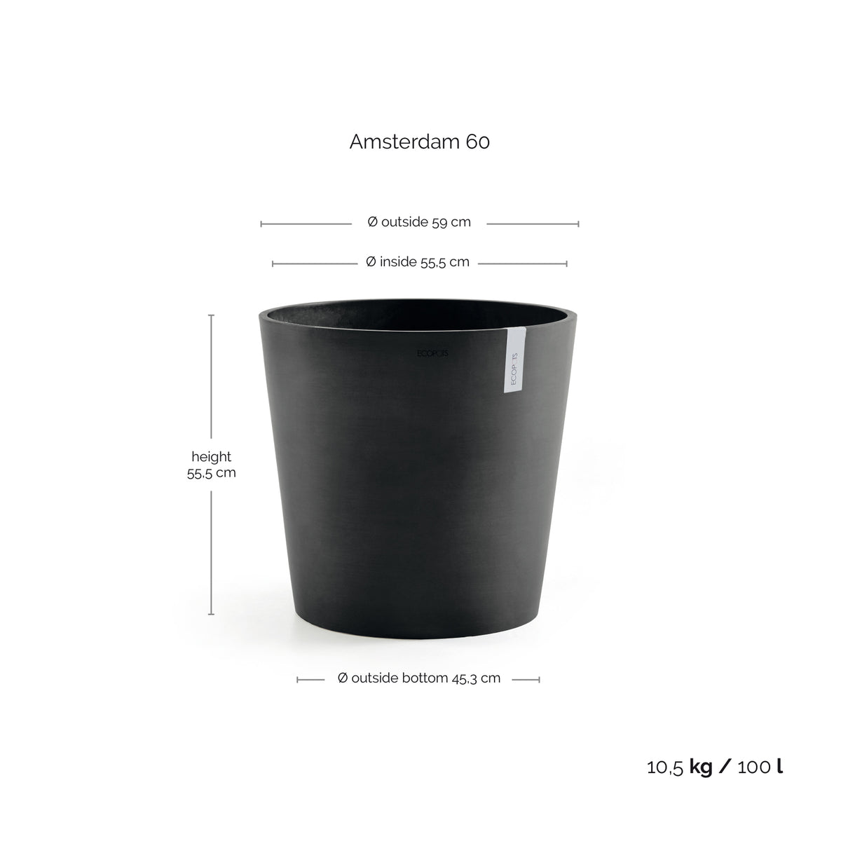 Kukkaruukku Amsterdam 60cm tummanharmaa – mittapiirros