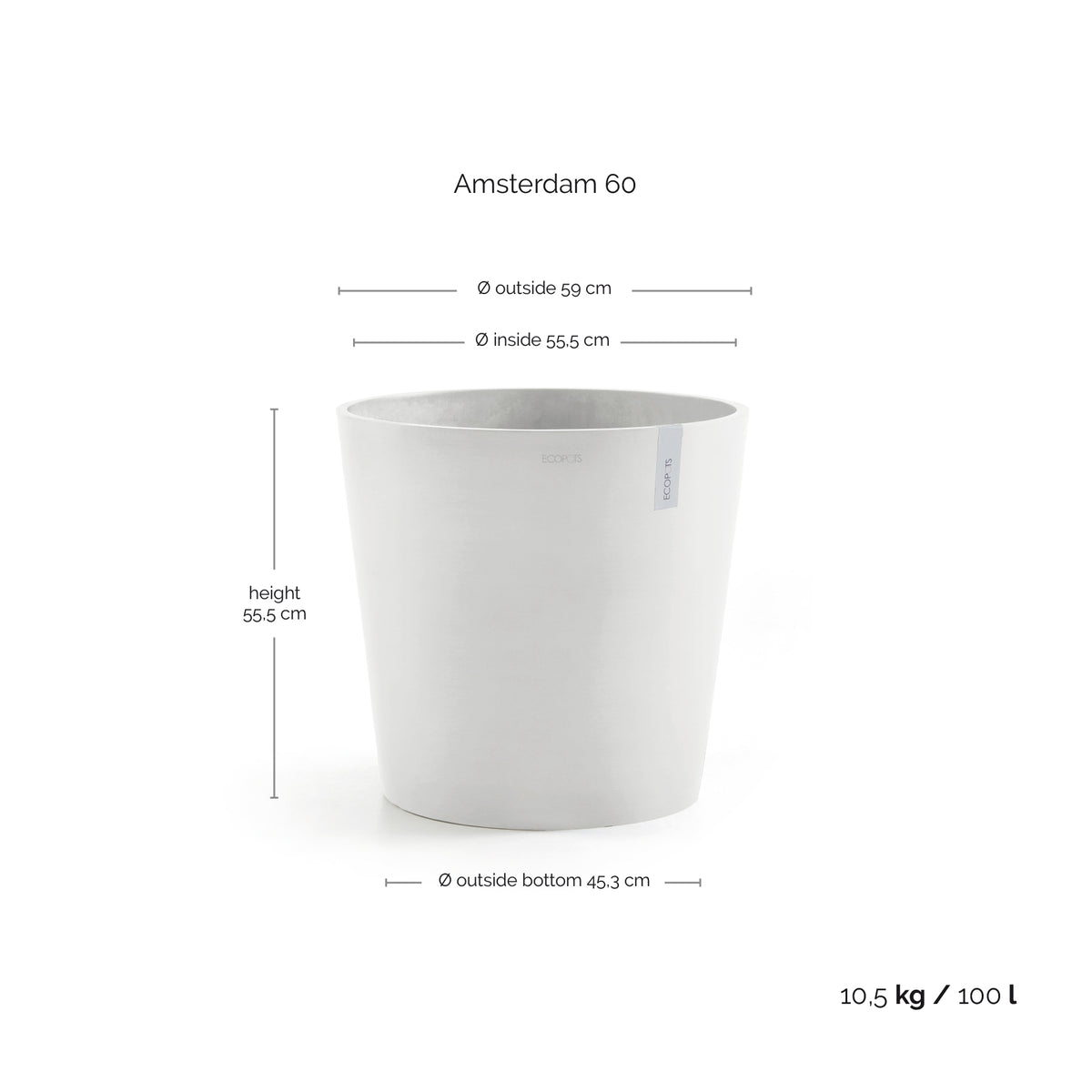 Kukkaruukku Amsterdam 60cm valkoinen – mittapiirros