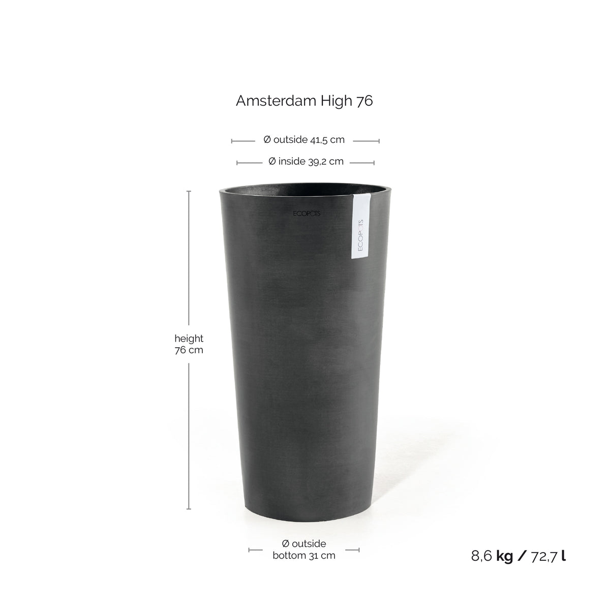Kukkaruukku Amsterdam korkea 76cm tummanharmaa – mittapiirros