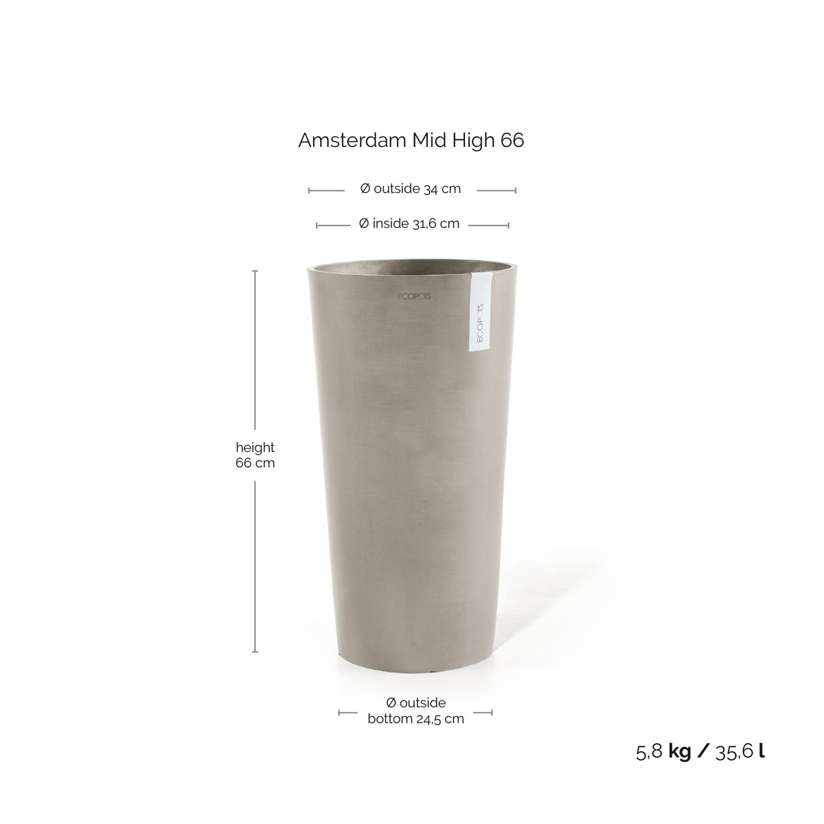 Kukkaruukku Amsterdam keskikorkea 66cm taupe – mittapiirros