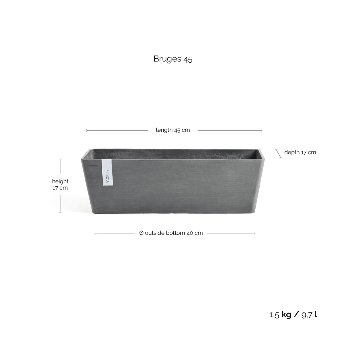 Kukkaruukku Bruge 45cm harmaa – mittapiirros