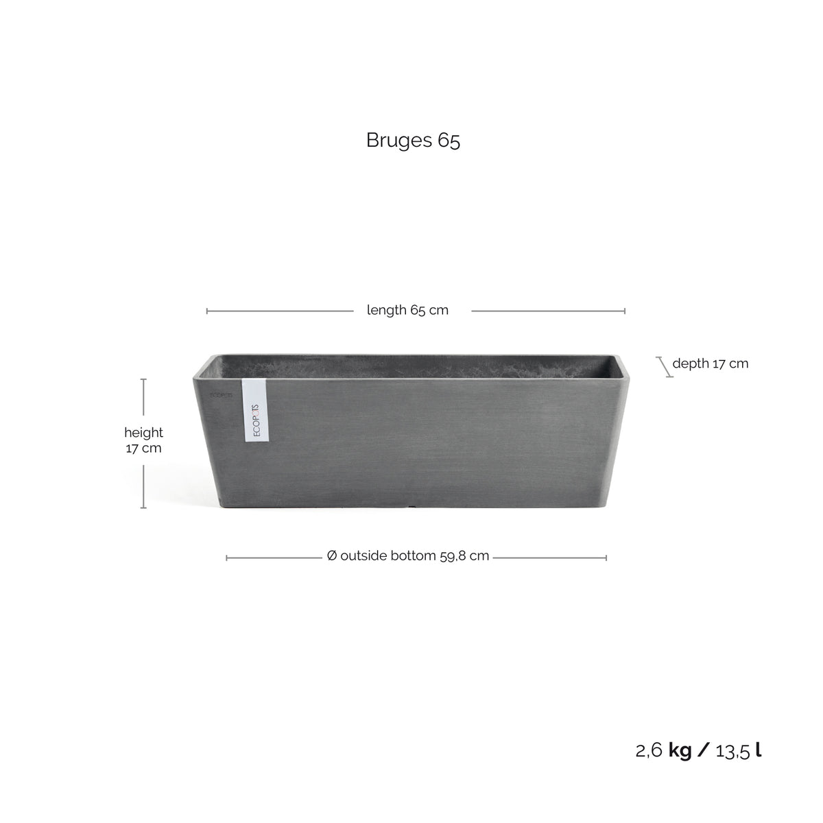 Kukkaruukku Bruge 65cm harmaa – mittapiirros