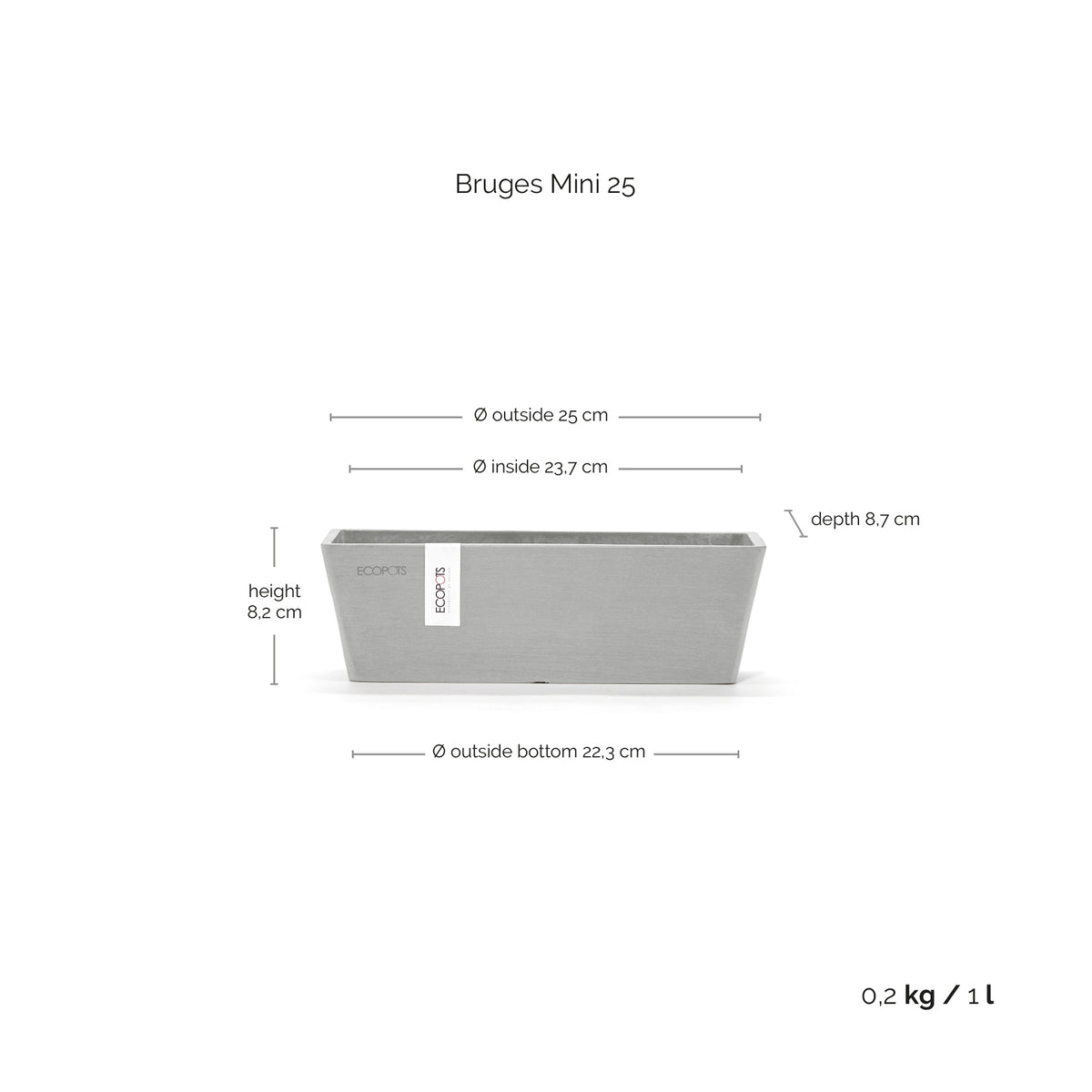 Kukkaruukku Bruge mini 25cm valkoharmaa – mittapiirros