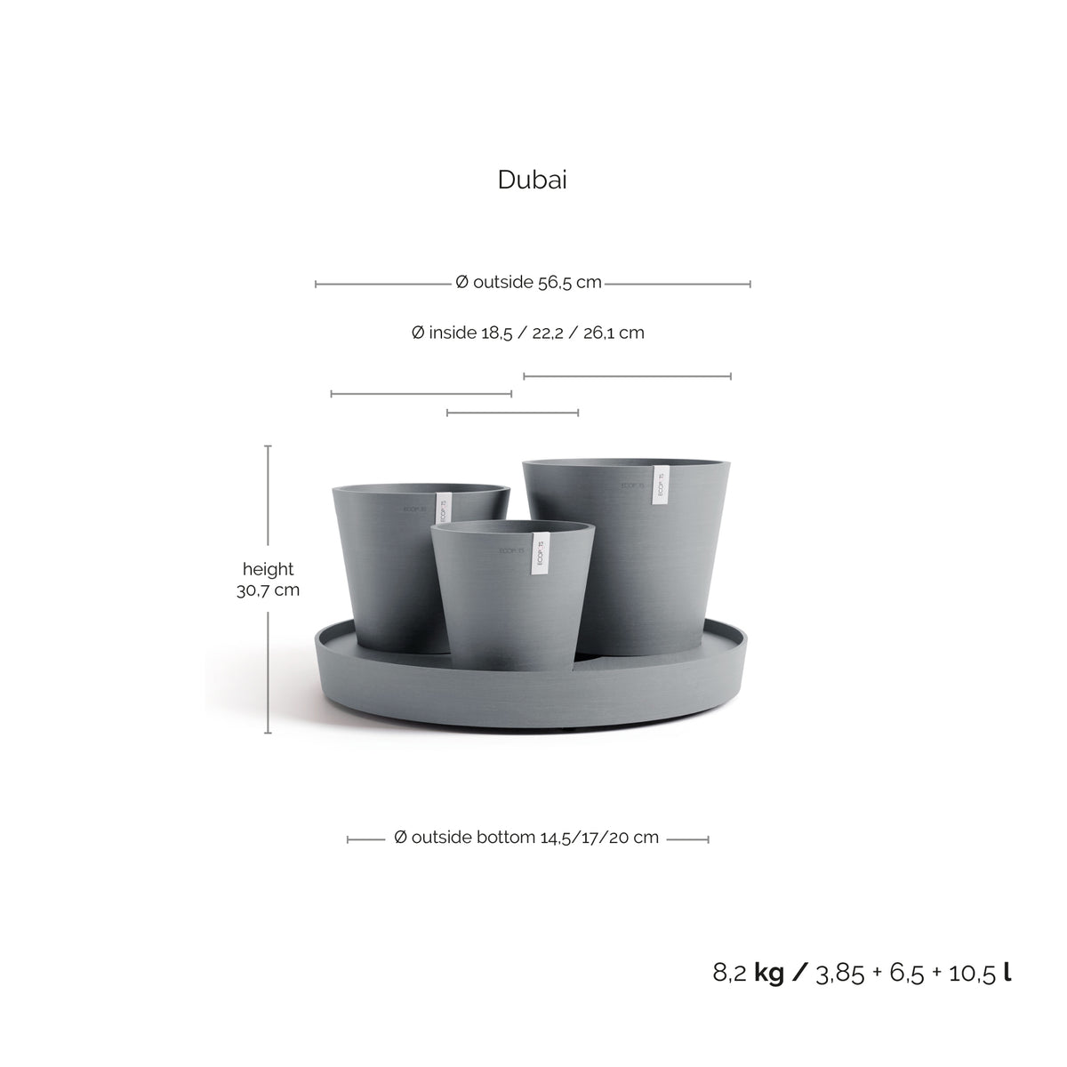 Kukkaruukku Dubai 56cm siniharmaa – mittapiirros
