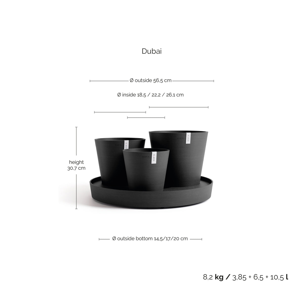 Kukkaruukku Dubai 56cm tummanharmaa – mittapiirros