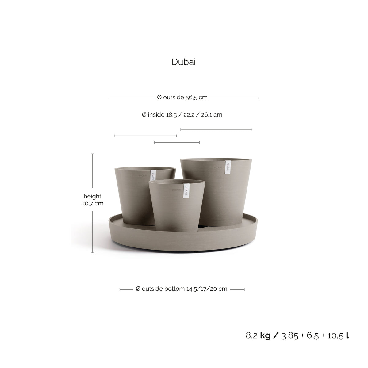 Kukkaruukku Dubai 56cm taupe – mittapiirros