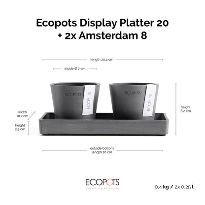 Kukkaruukku Amsterdam 8cm 2kpl & esillepanotarjotin 20cm harmaa – mittapiirros