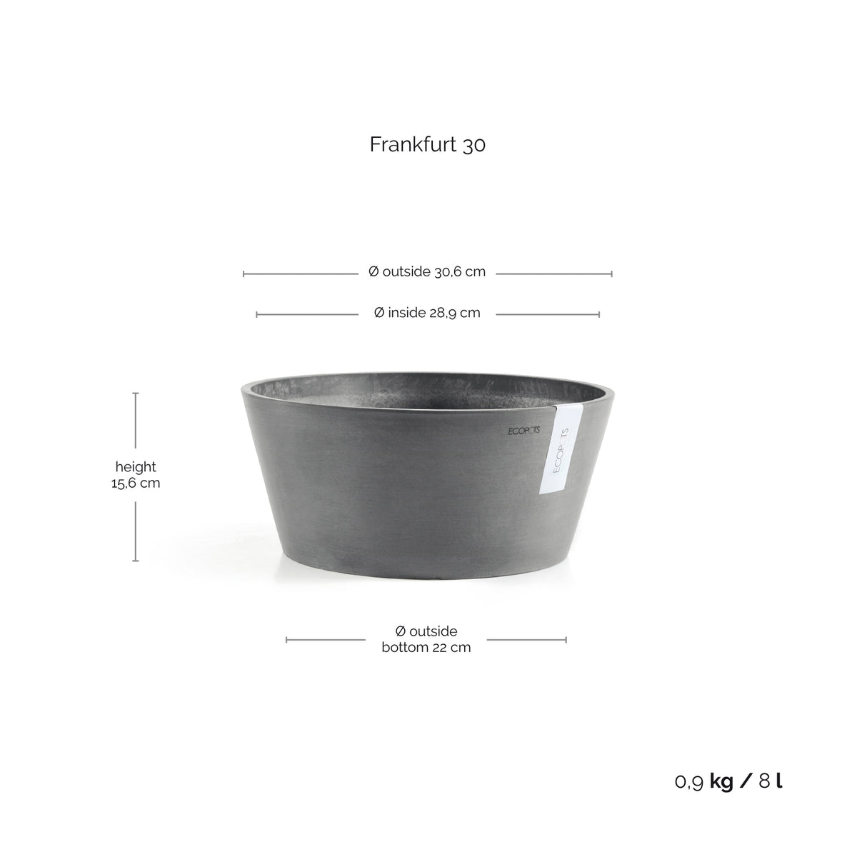 Kukkaruukku Frankfurt 30cm harmaa – mittapiirros