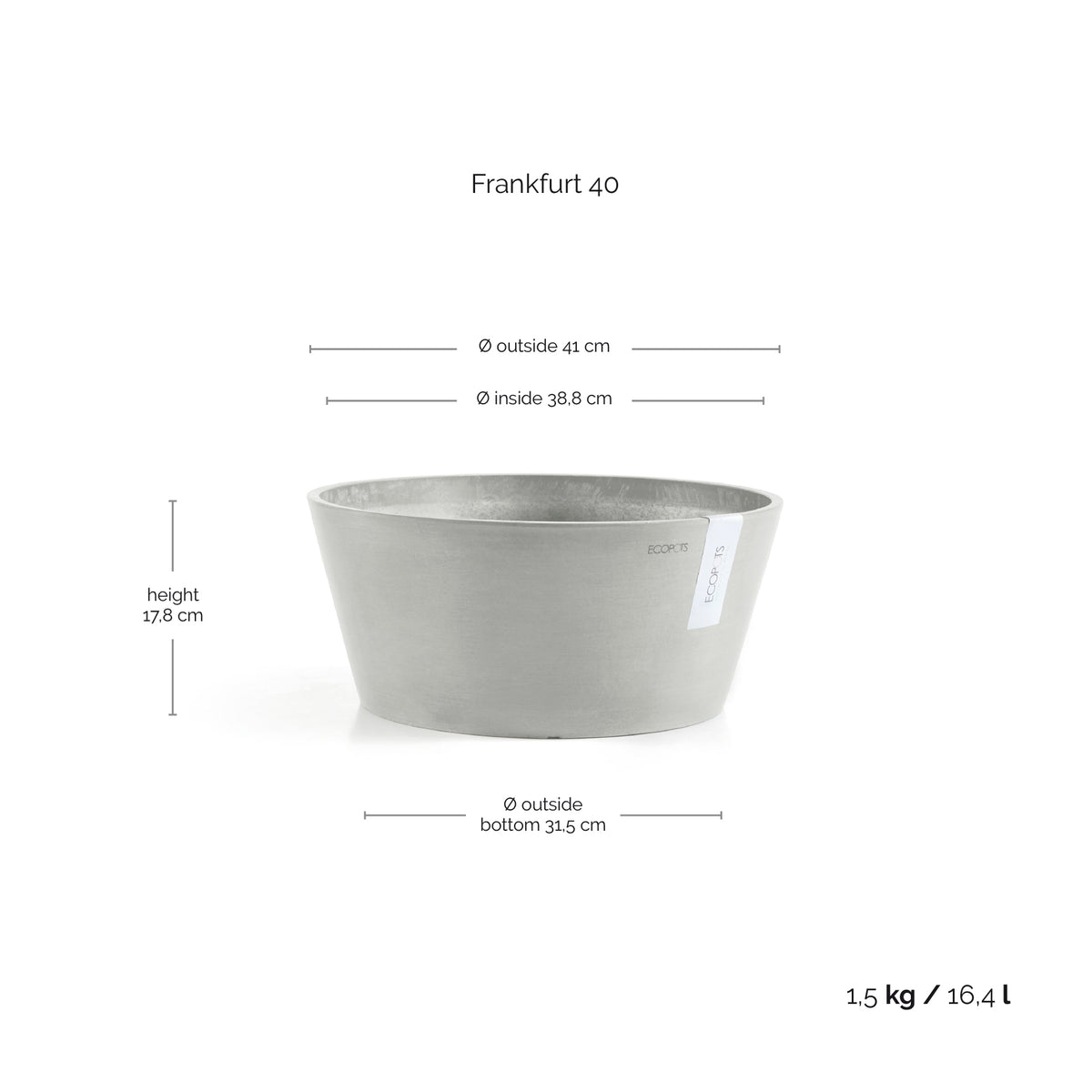 Kukkaruukku Frankfurt 40cm valkoharmaa – mittapiirros