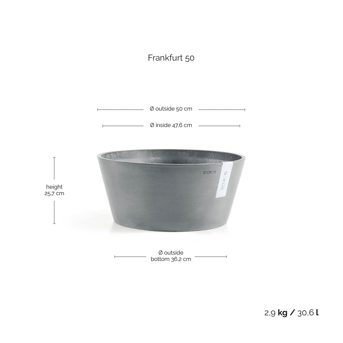 Kukkaruukku Frankfurt 50cm siniharmaa – mittapiirros