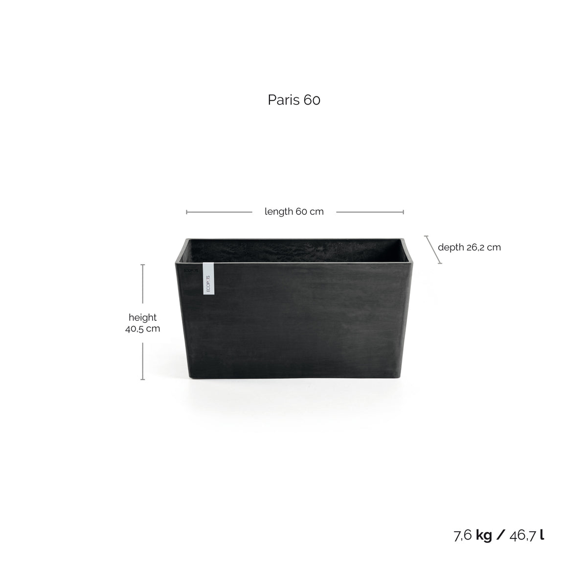 Kukkaruukku Pariisi 60cm tummanharmaa – mittapiirros