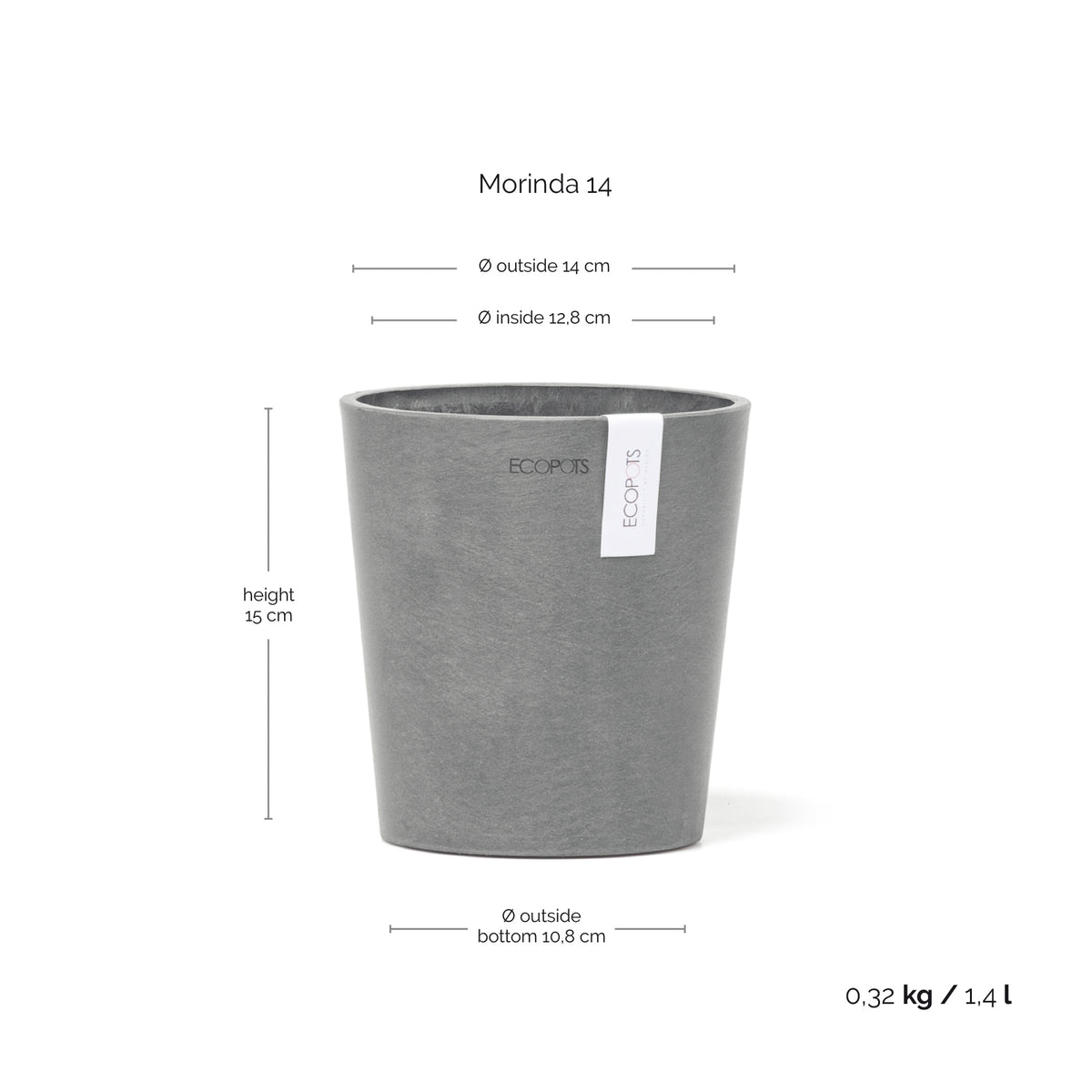 Kukkaruukku Morinda 14cm harmaa – mittapiirros