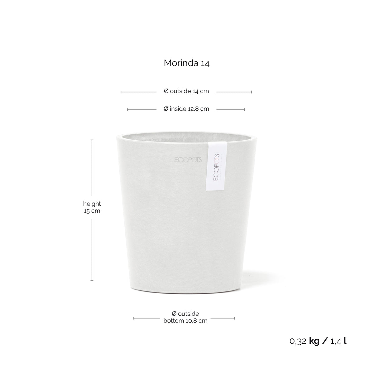 Kukkaruukku Morinda 14cm valkoinen – mittapiirros