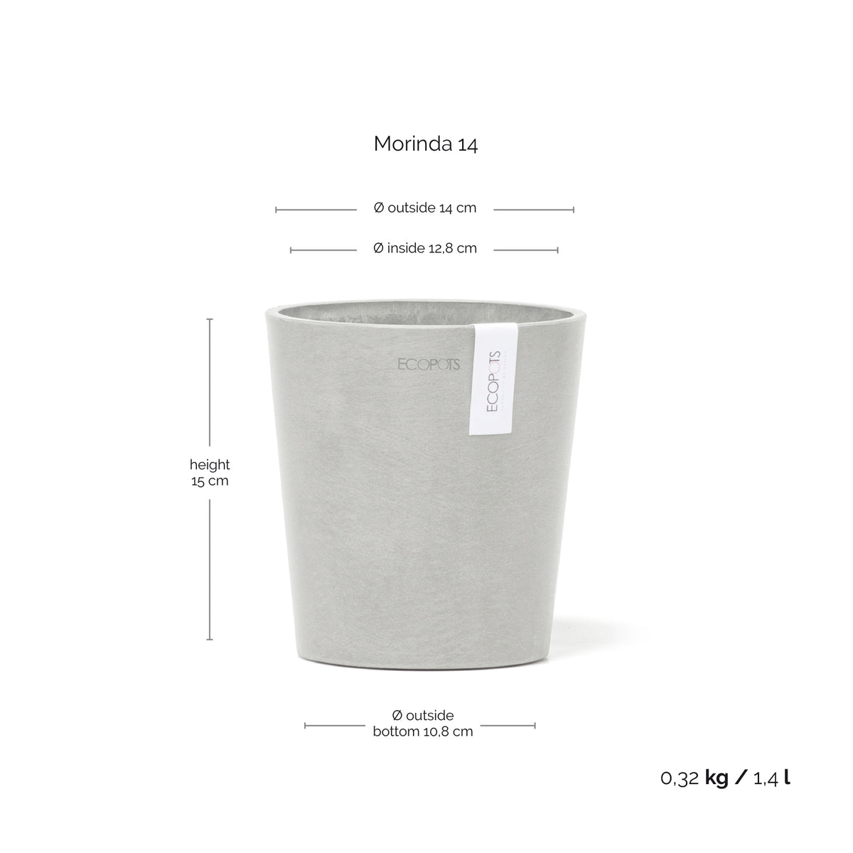 Kukkaruukku Morinda 14cm valkoharmaa – mittapiirros