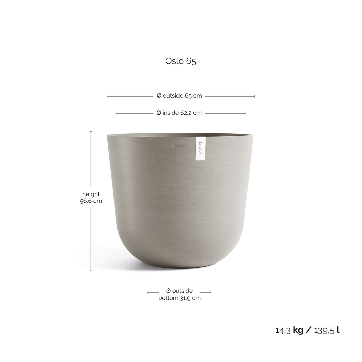 Kukkaruukku Oslo 65cm taupe – mittapiirros