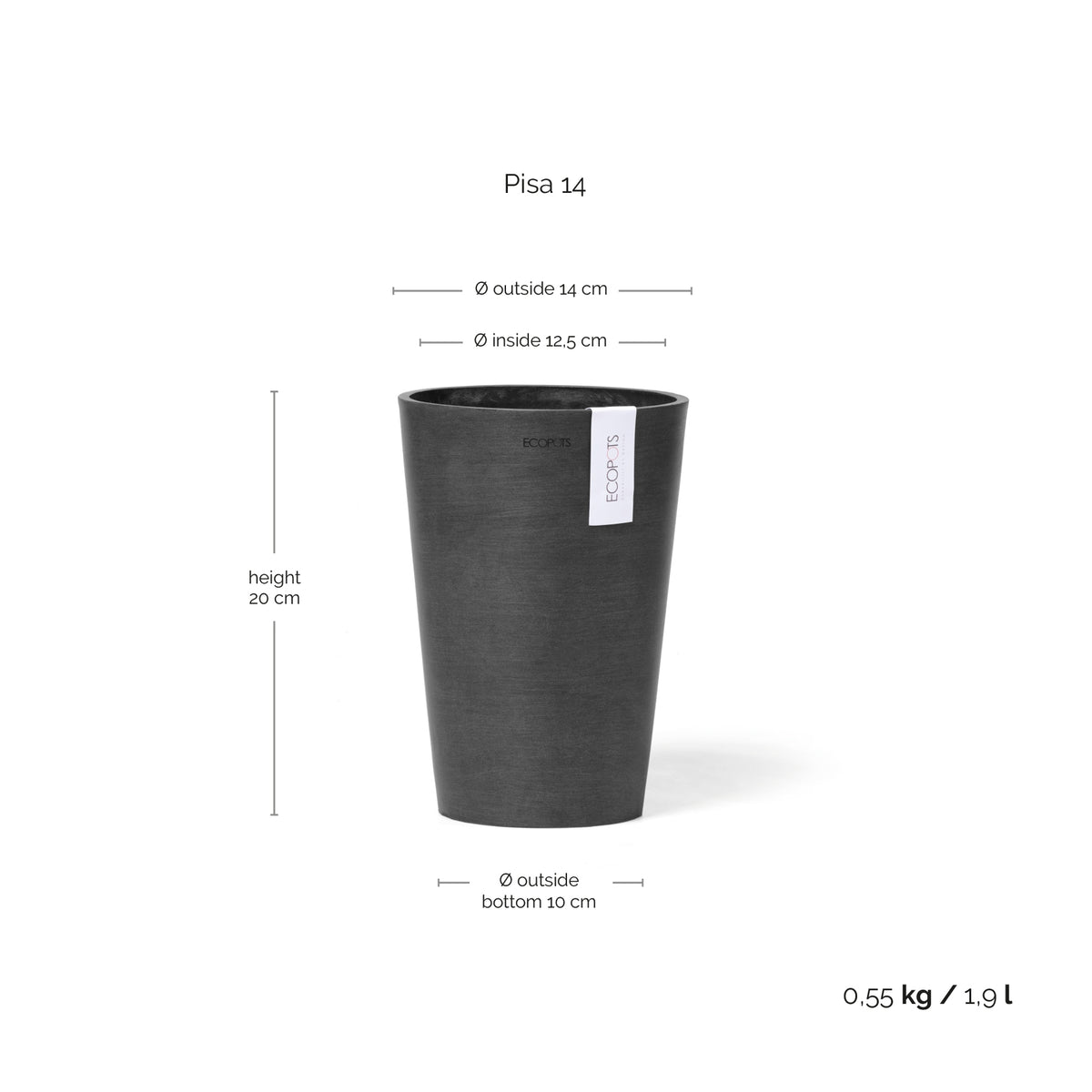 Kukkaruukku Pisa 14cm tummanharmaa – mittapiirros