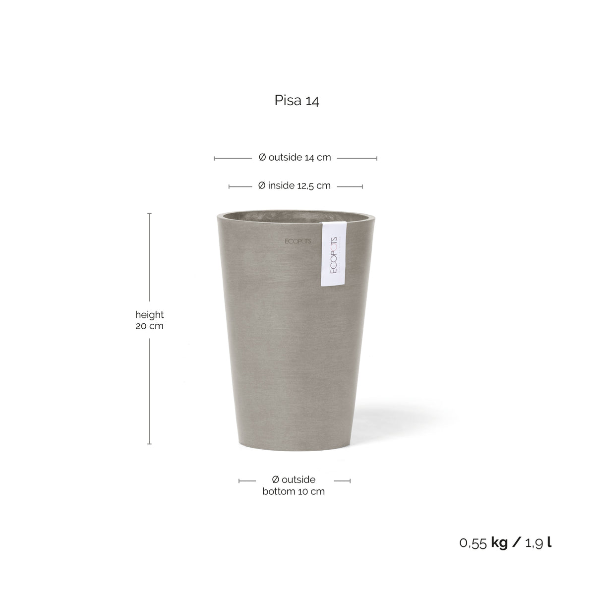 Kukkaruukku Pisa 14cm taupe – mittapiirros