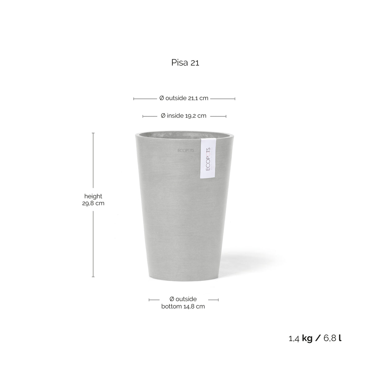 Kukkaruukku Pisa 21cm valkoharmaa – mittapiirros