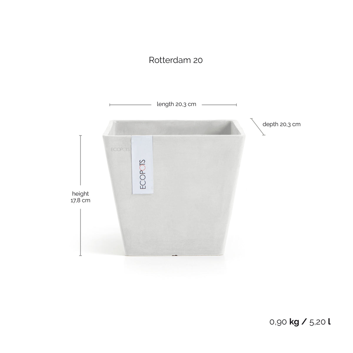 Kukkaruukku Rotterdam 20cm valkoinen – mittapiirros