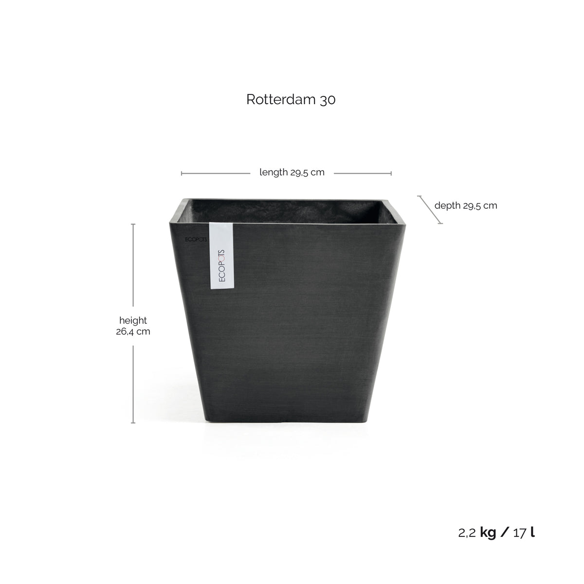 Kukkaruukku Rotterdam 30cm tummanharmaa – mittapiirros