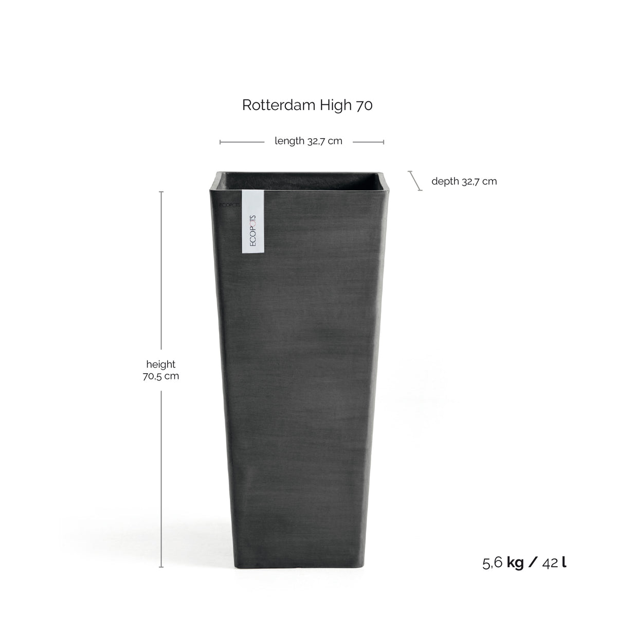 Kukkaruukku Rotterdam korkea 70cm tummanharmaa – mittapiirros